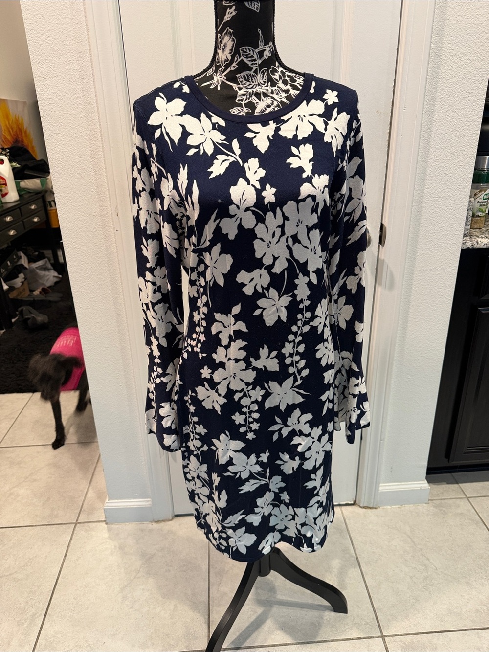 Michael Kors - Navy Blue Floral Long-Sleeve Shift Dress